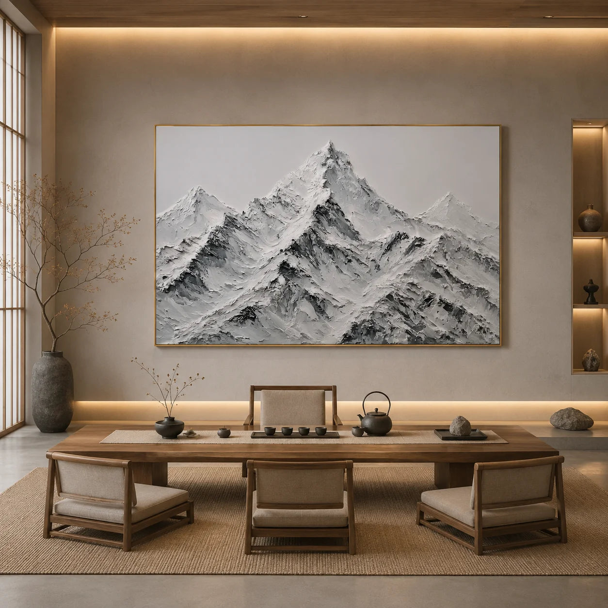 Modern Snow Mountain Hand-Painted Oil Painting | Black White Gray Textured Mountain Landscape Wall Art # OA 1073