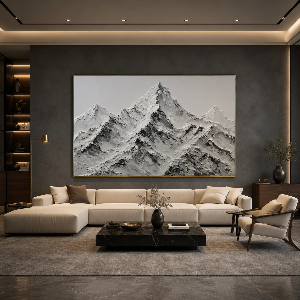 Modern Snow Mountain Hand-Painted Oil Painting | Black White Gray Textured Mountain Landscape Wall Art # OA 1073
