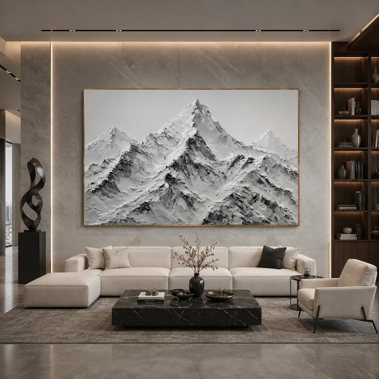 Modern Snow Mountain Hand-Painted Oil Painting | Black White Gray Textured Mountain Landscape Wall Art # OA 1073