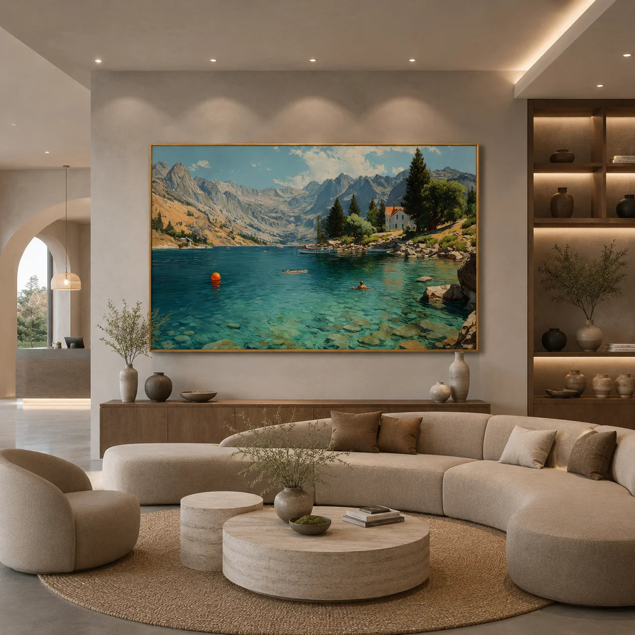 Mountain Lake Landscape Hand-Painted Oil Painting, Alpine Scenic Wall Art for Living Room Decor # OA 1043