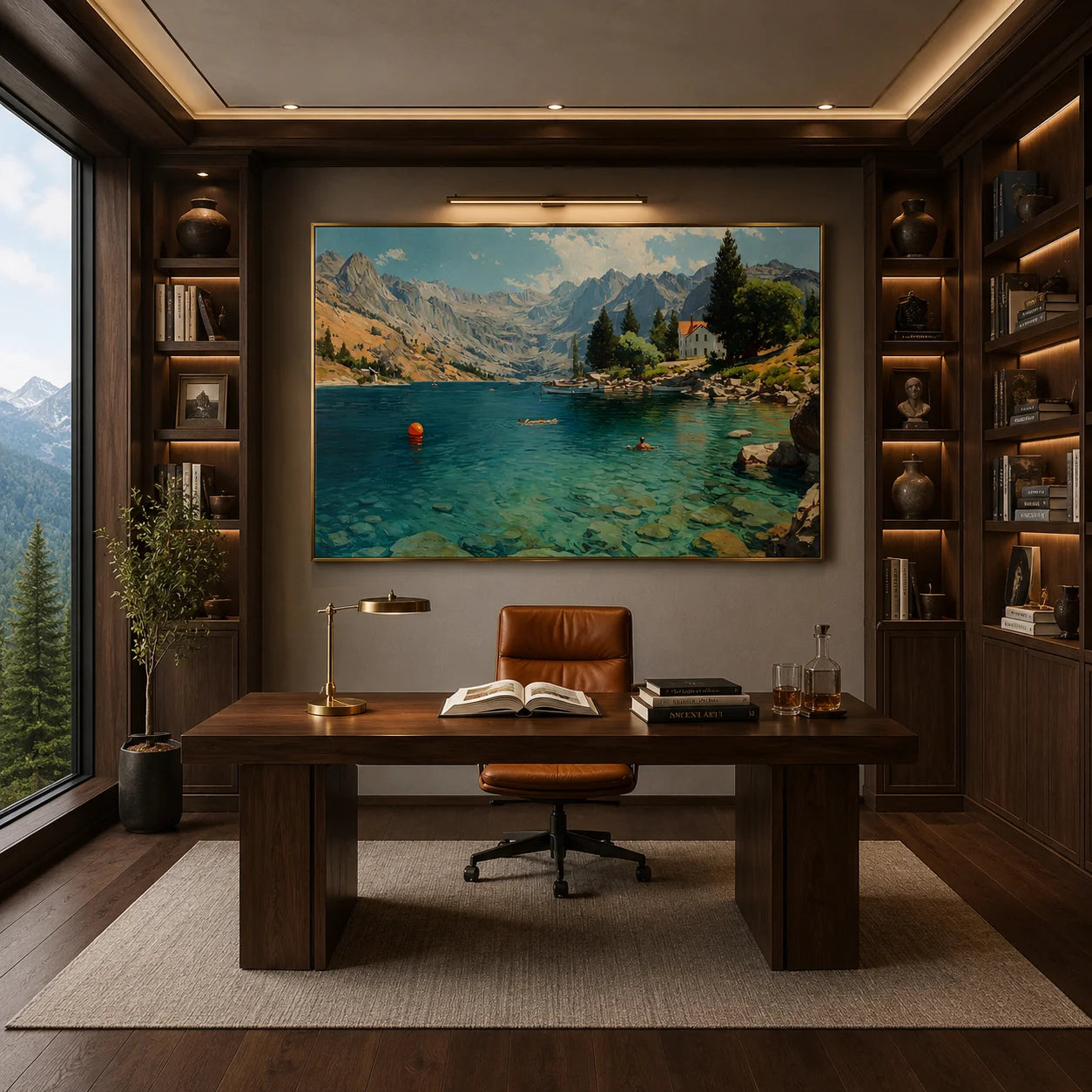 Mountain Lake Landscape Hand-Painted Oil Painting, Alpine Scenic Wall Art for Living Room Decor # OA 1043