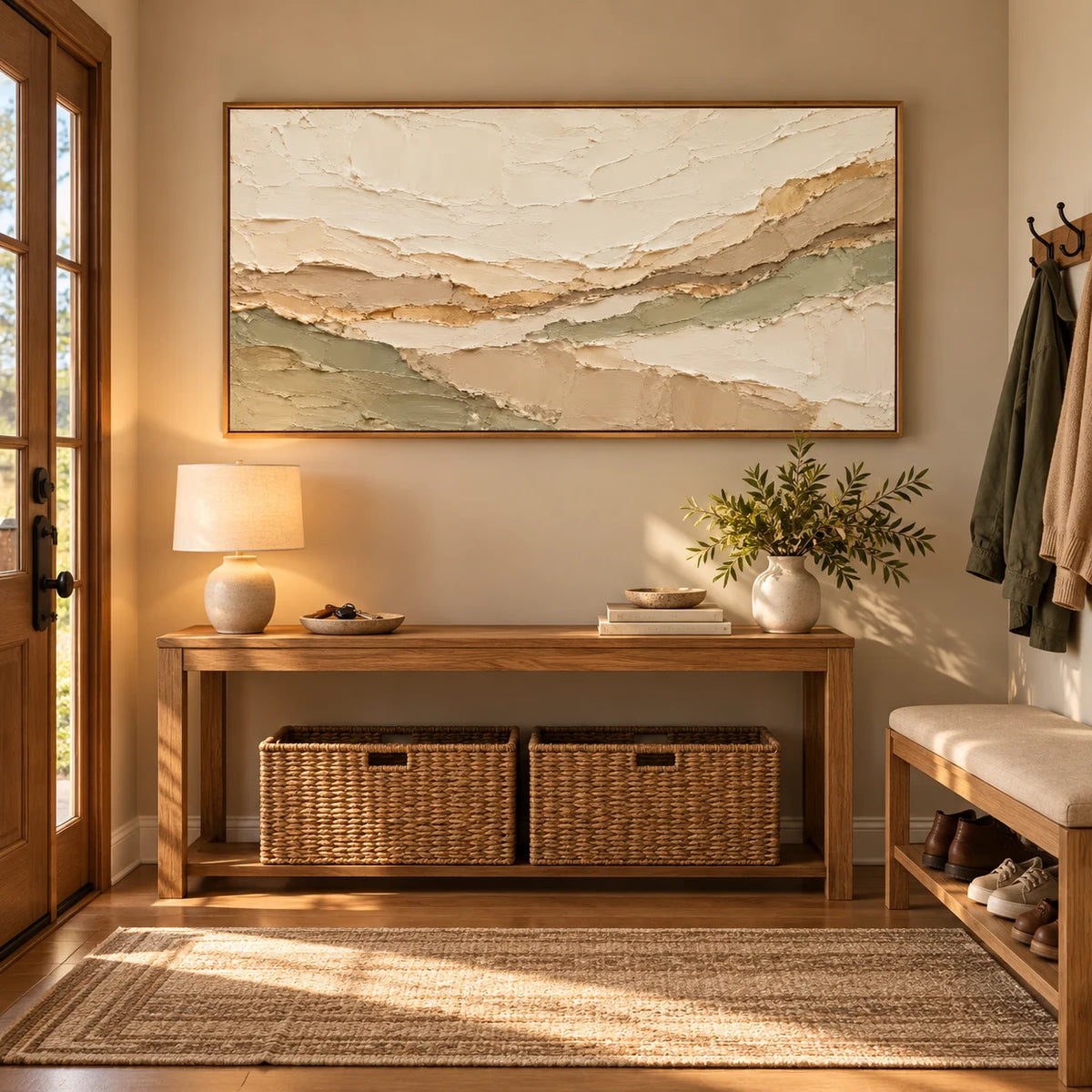 Ownanart Neutral Abstract Landscape Oil Painting – Hand-Painted Cream, Beige and Sage Green Textured Wall Art
