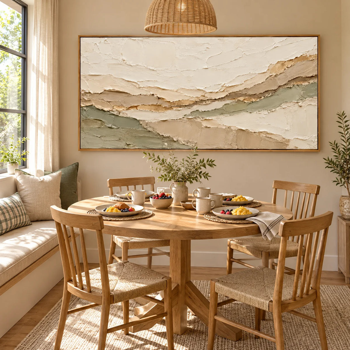 Ownanart Neutral Abstract Landscape Oil Painting – Hand-Painted Cream, Beige and Sage Green Textured Wall Art