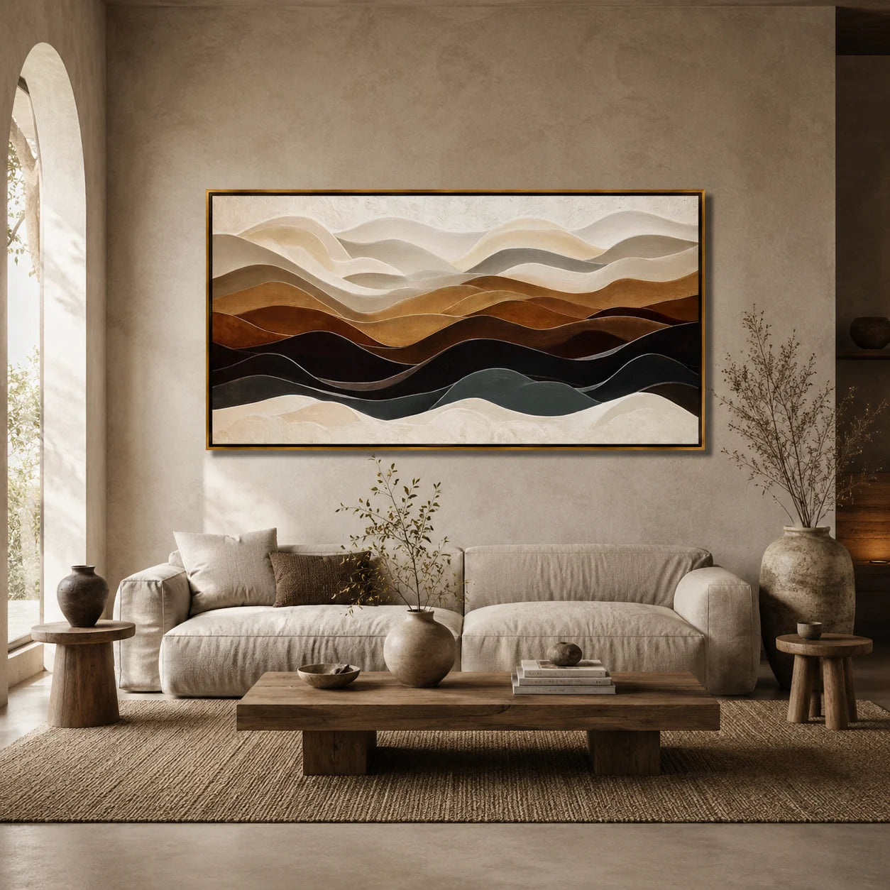 Neutral Abstract Landscape Oil Painting, Hand-Painted Layered Mountain Wall Art for Modern Home Decor#OA 1001