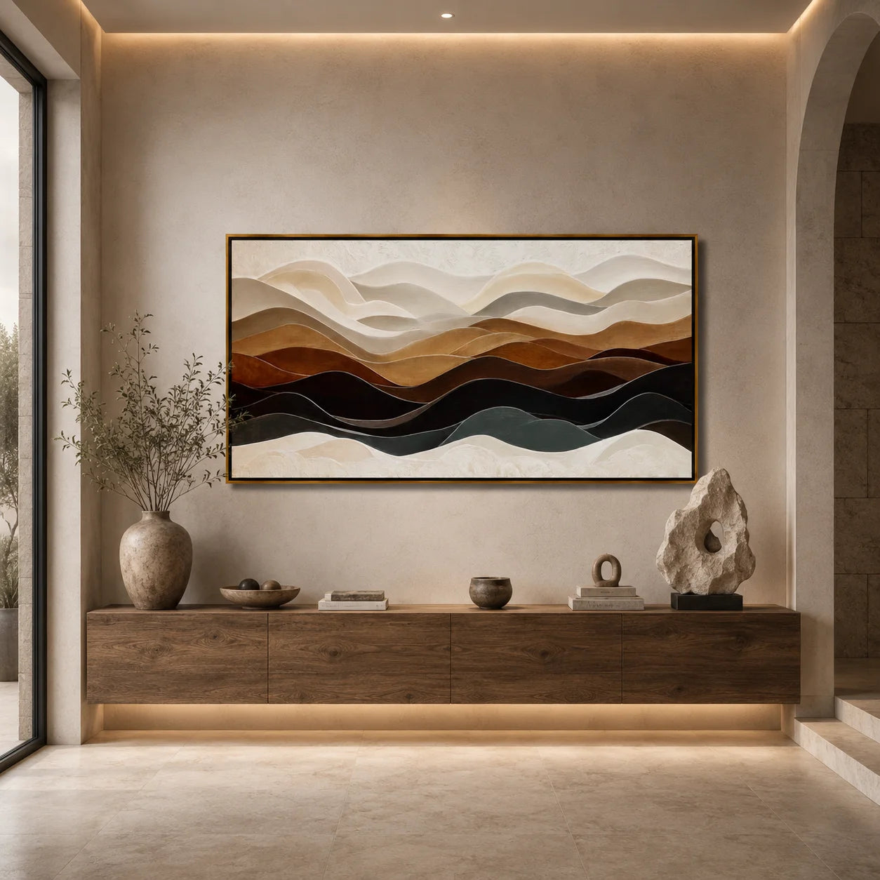 Neutral Abstract Landscape Oil Painting, Hand-Painted Layered Mountain Wall Art for Modern Home Decor#OA 1001