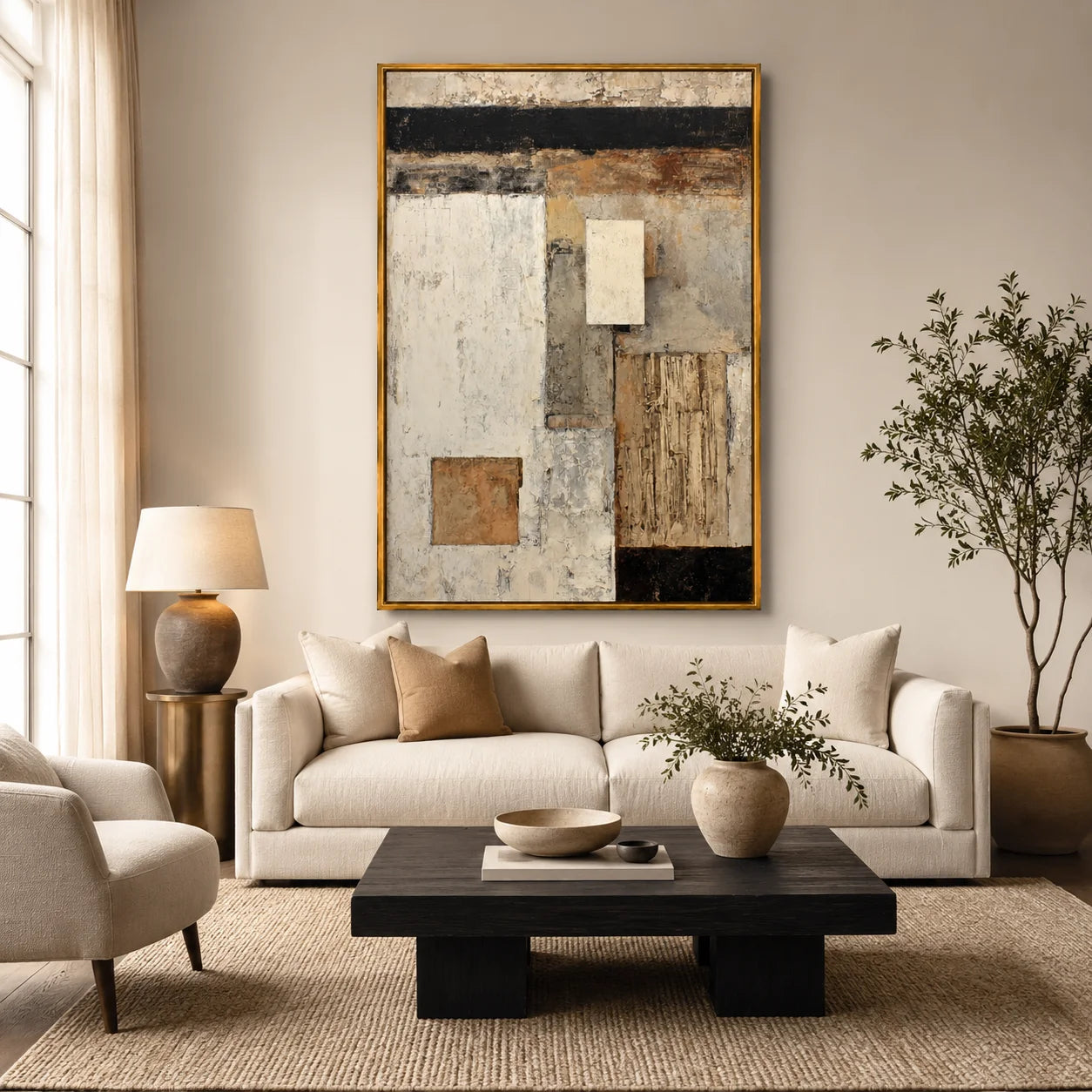 Neutral Geometric Abstract Oil Painting, Hand-Painted Textured Wall Art for Modern Rustic Home Decor#OA 0997