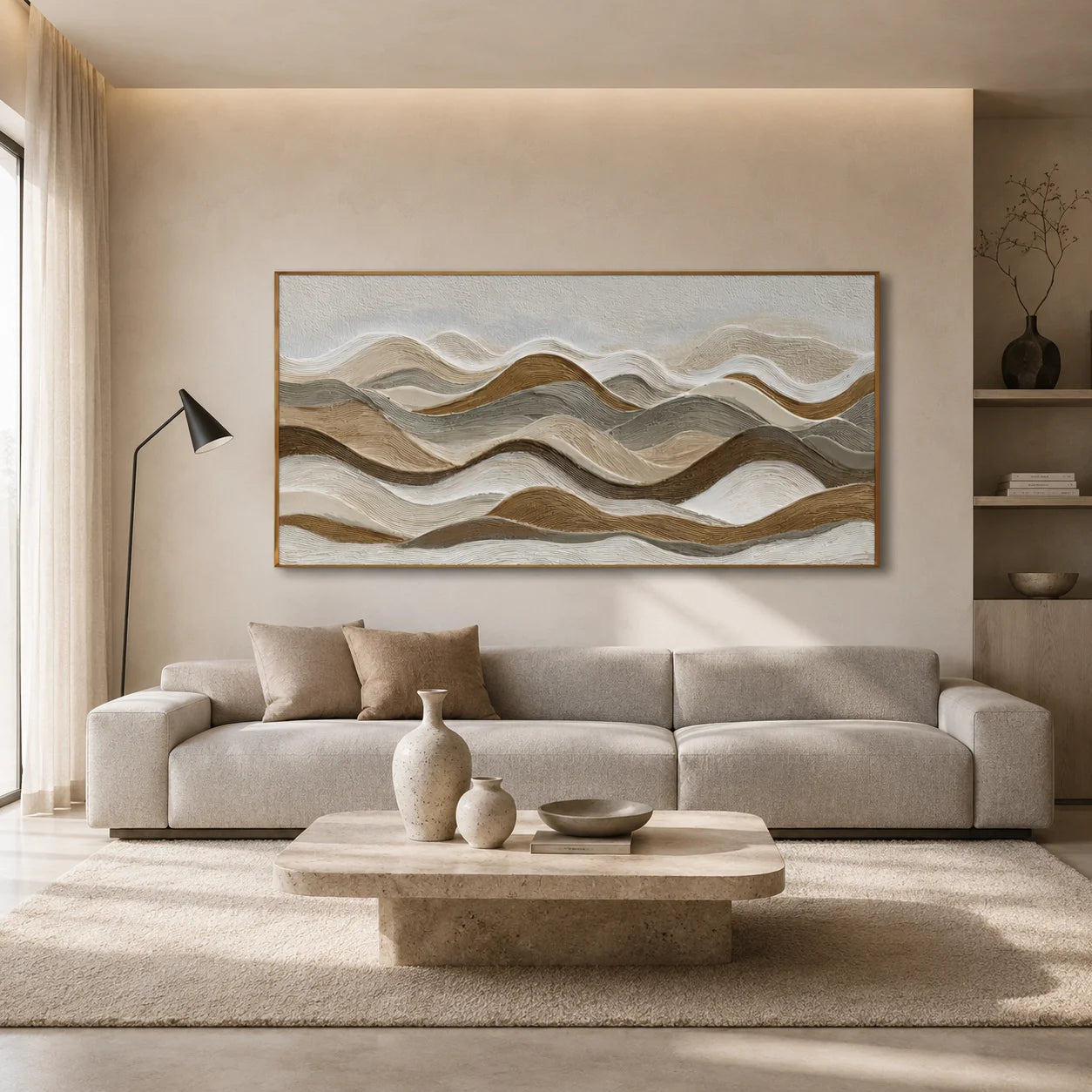 Neutral Textured Mountain Landscape Hand-Painted Oil Painting | Horizontal Modern Abstract Wall Art for Wabi-Sabi Cream Decor#OA 1019