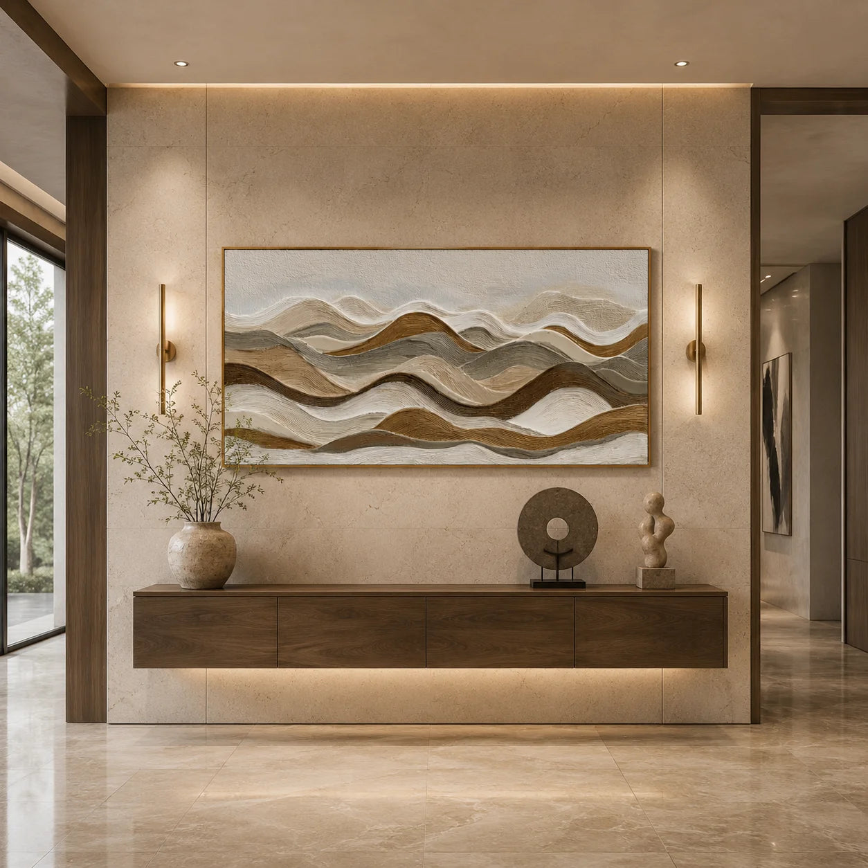 Neutral Textured Mountain Landscape Hand-Painted Oil Painting | Horizontal Modern Abstract Wall Art for Wabi-Sabi Cream Decor#OA 1019