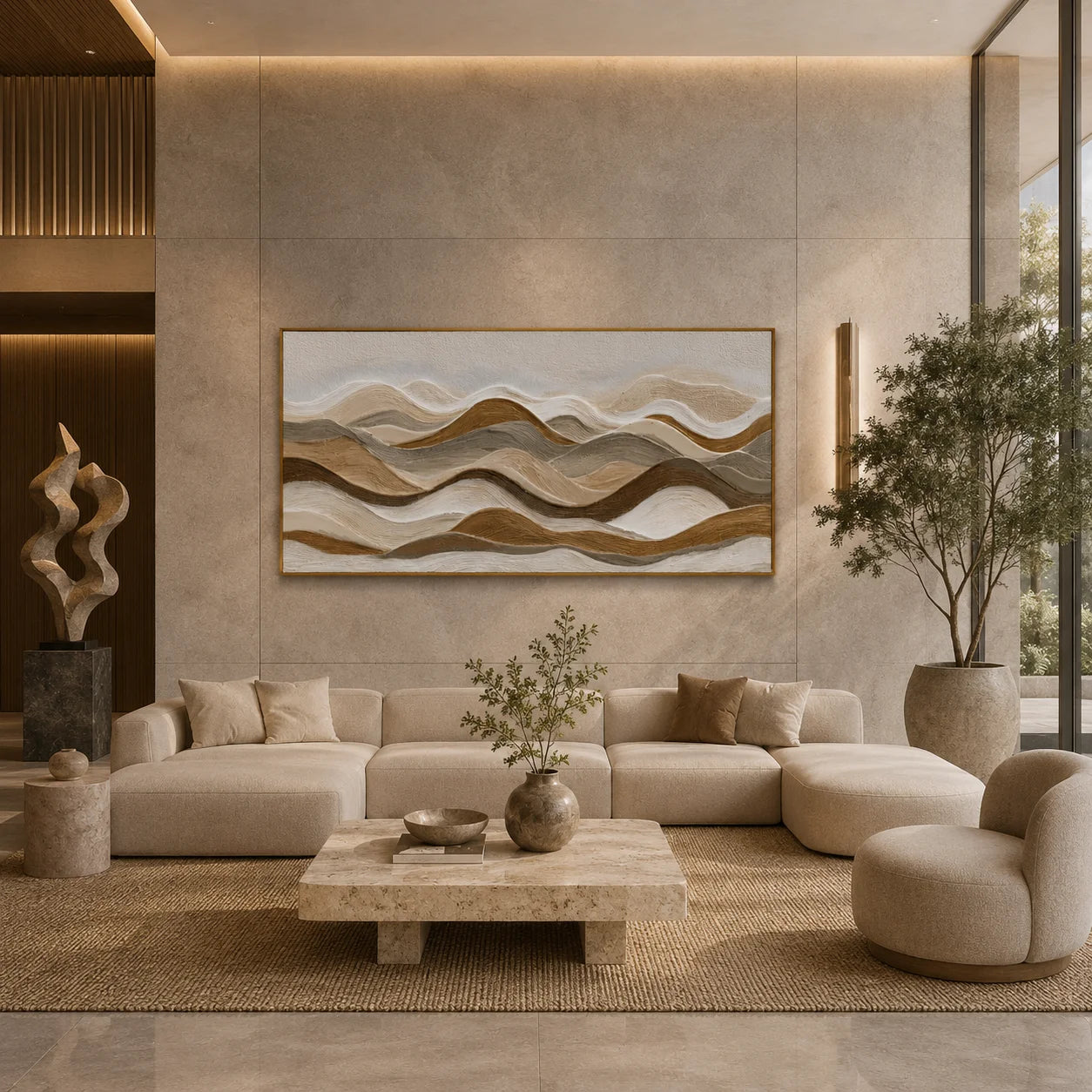 Neutral Textured Mountain Landscape Hand-Painted Oil Painting | Horizontal Modern Abstract Wall Art for Wabi-Sabi Cream Decor#OA 1019