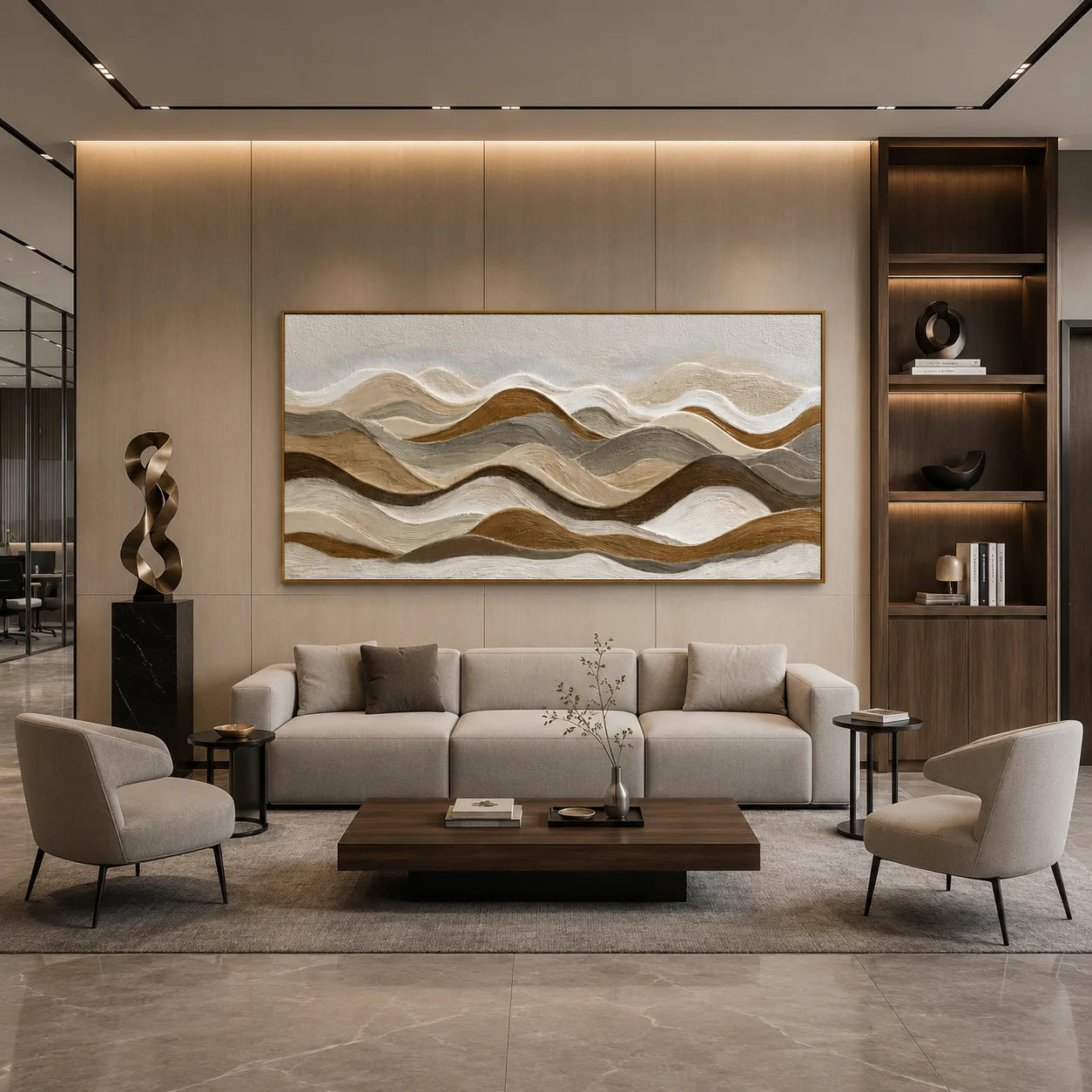 Neutral Textured Mountain Landscape Hand-Painted Oil Painting | Horizontal Modern Abstract Wall Art for Wabi-Sabi Cream Decor#OA 1019