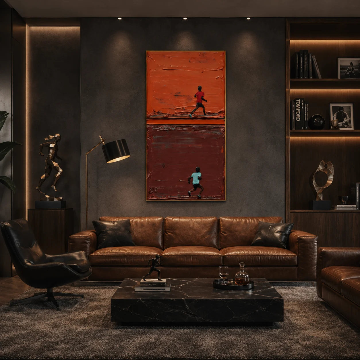 Orange Brown Running Figure Hand-Painted Oil Painting | Modern Abstract Sport Figure Wall Art # OA 1028