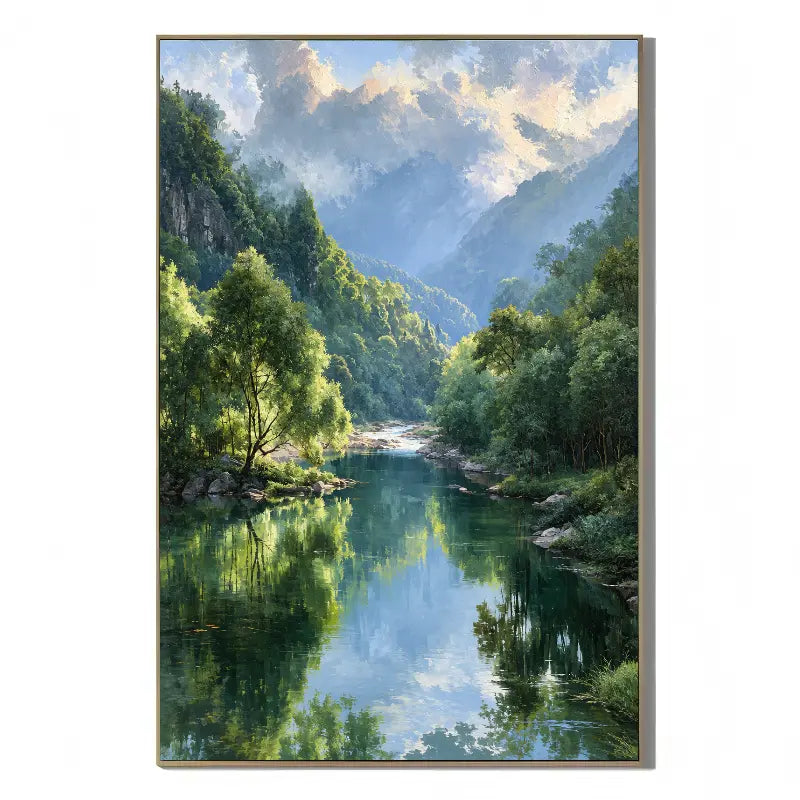 Ownanart Original 100% Hand-Painted Mountain Valley Forest Lake Oil Painting, Misty Mountains Green Trees Reflection Landscape Canvas Wall Art for Living Room & Bedroom Decor