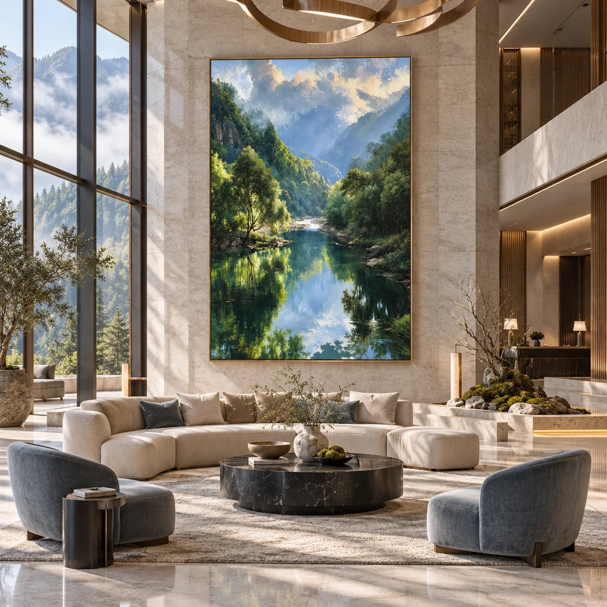 Ownanart Original 100% Hand-Painted Mountain Valley Forest Lake Oil Painting, Misty Mountains Green Trees Reflection Landscape Canvas Wall Art for Living Room & Bedroom Decor