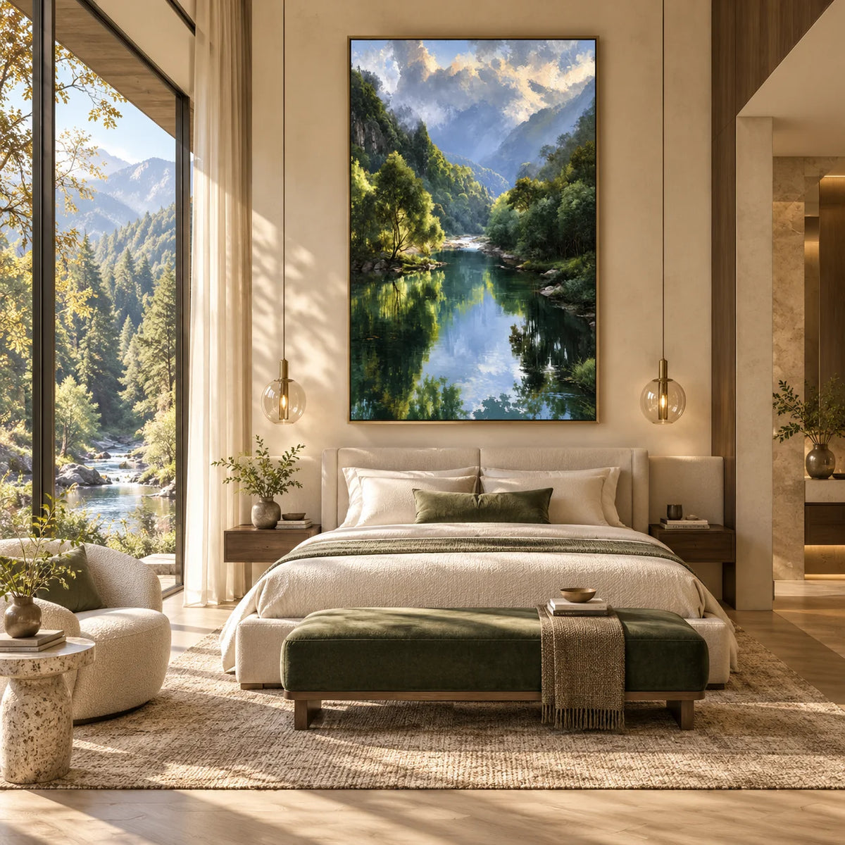 Ownanart Original 100% Hand-Painted Mountain Valley Forest Lake Oil Painting, Misty Mountains Green Trees Reflection Landscape Canvas Wall Art for Living Room & Bedroom Decor