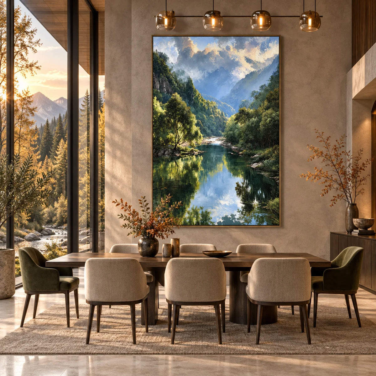 Ownanart Original 100% Hand-Painted Mountain Valley Forest Lake Oil Painting, Misty Mountains Green Trees Reflection Landscape Canvas Wall Art for Living Room & Bedroom Decor