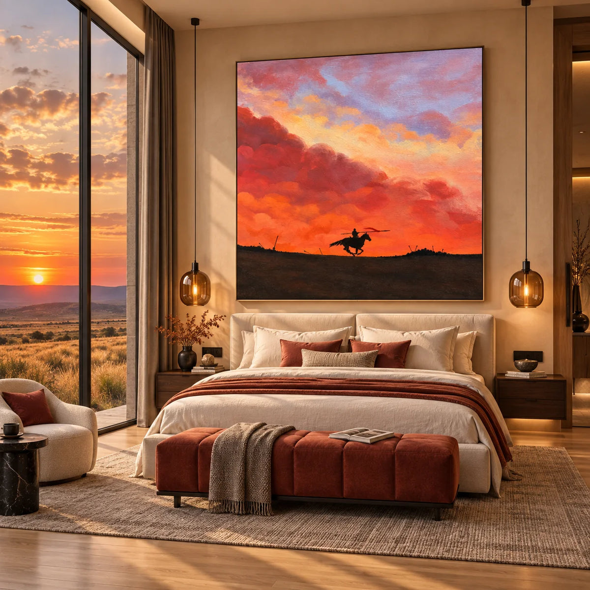 Ownanart Original 100% Hand-Painted Sunset Horse Rider Oil Painting, Galloping Horse Silhouette Equestrian Western Landscape Canvas Wall Art for Living Room & Bedroom Decor
