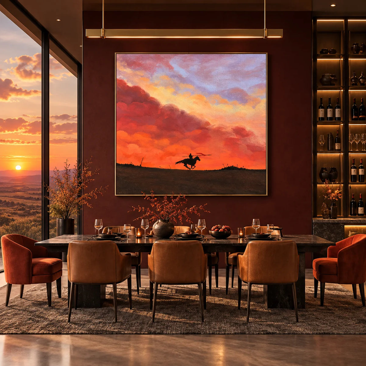 Ownanart Original 100% Hand-Painted Sunset Horse Rider Oil Painting, Galloping Horse Silhouette Equestrian Western Landscape Canvas Wall Art for Living Room & Bedroom Decor