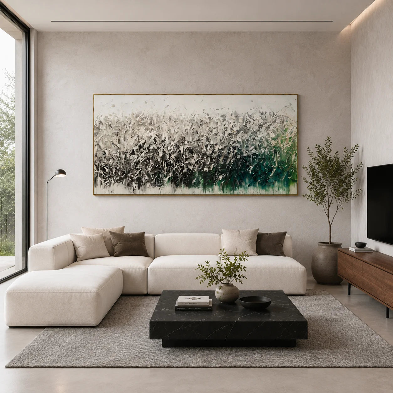 Ownanart Original Hand-Painted Abstract Floral Meadow Oil Painting, Large Horizontal White Gray and Emerald Green Textured Canvas Wall Art for Modern Living Room Decor # OA 1231