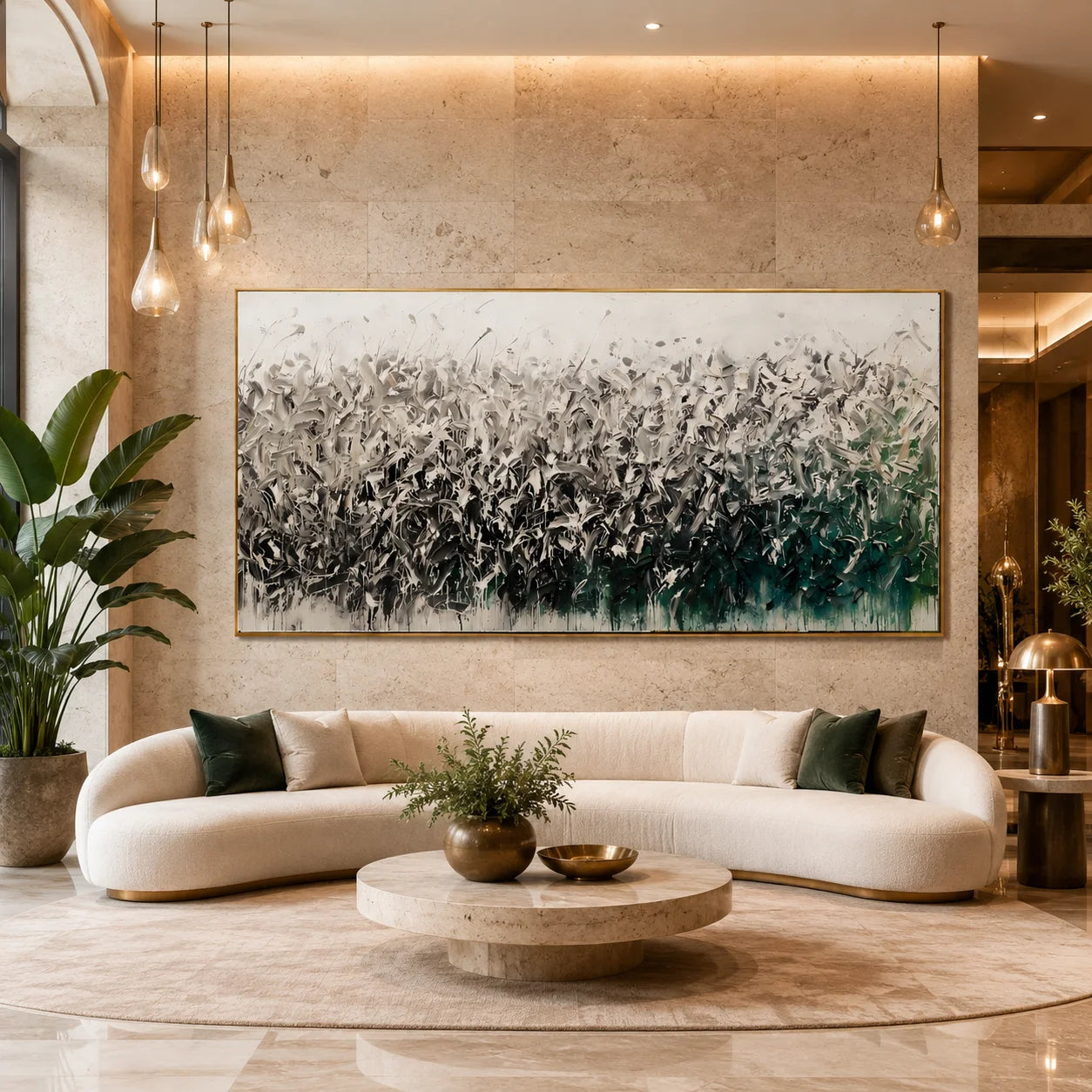 Ownanart Original Hand-Painted Abstract Floral Meadow Oil Painting, Large Horizontal White Gray and Emerald Green Textured Canvas Wall Art for Modern Living Room Decor # OA 1231