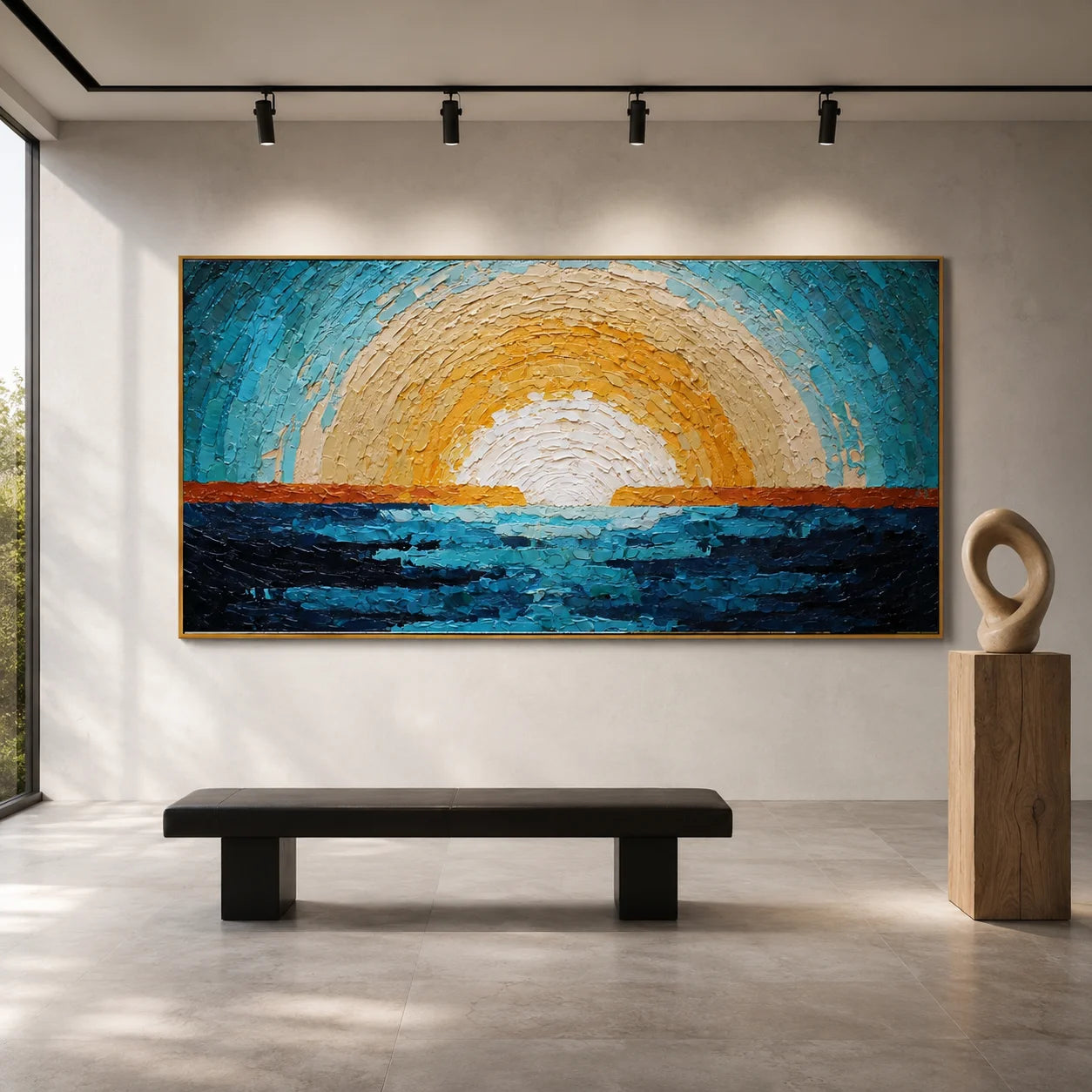 Ownanart Original Hand-Painted Abstract Ocean Sunrise Oil Painting, Large Horizontal Blue and Gold Textured Impasto Canvas Wall Art for Modern Living Room and Coastal Home Decor # OA 1237