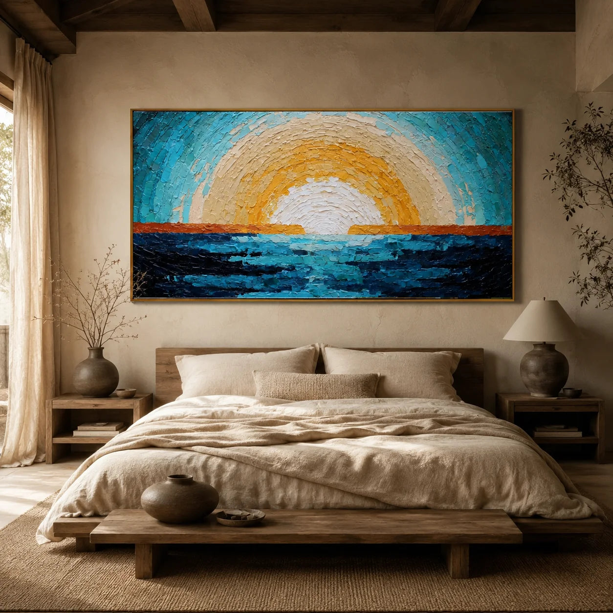 Ownanart Original Hand-Painted Abstract Ocean Sunrise Oil Painting, Large Horizontal Blue and Gold Textured Impasto Canvas Wall Art for Modern Living Room and Coastal Home Decor # OA 1237
