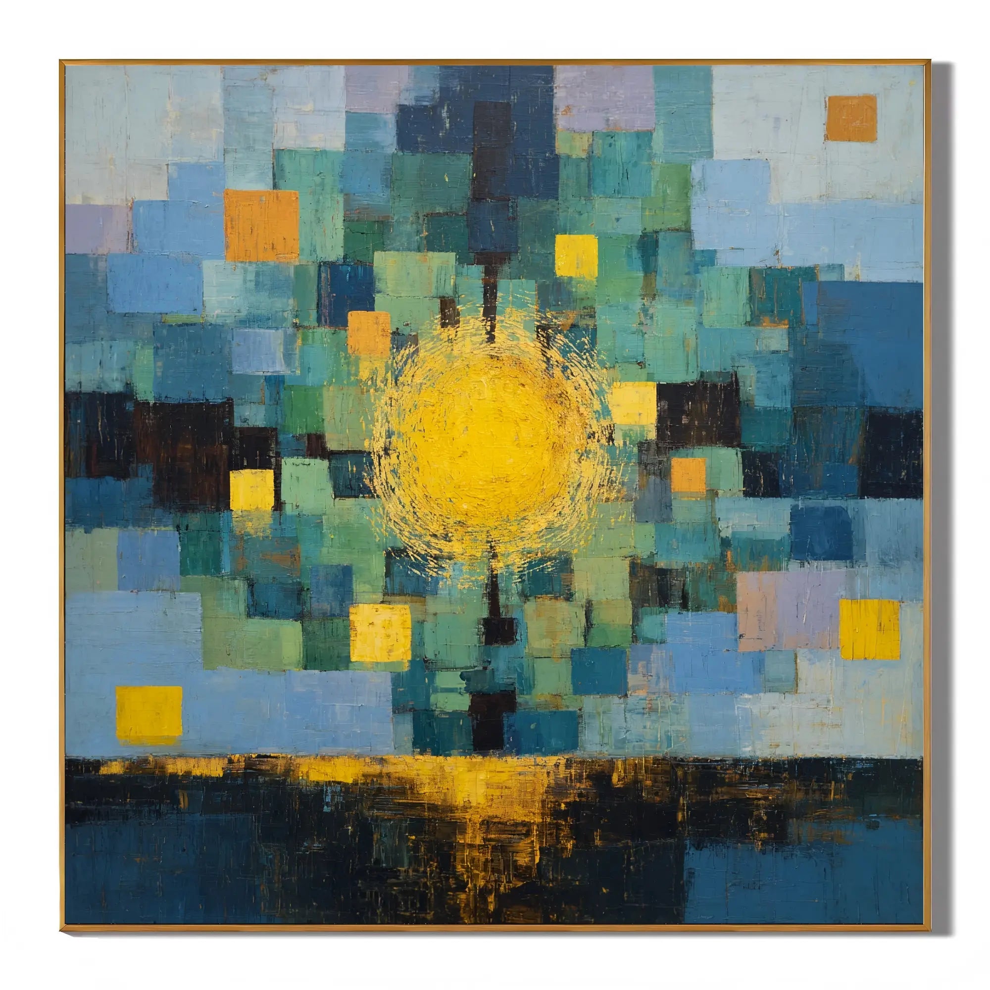 Ownanart Original Hand-Painted Abstract Sunrise Geometric Oil Painting, Blue Green Color Block and Golden Sun Reflection Modern Wall Art for Living Room, Bedroom, and Office Decor # OA 1268