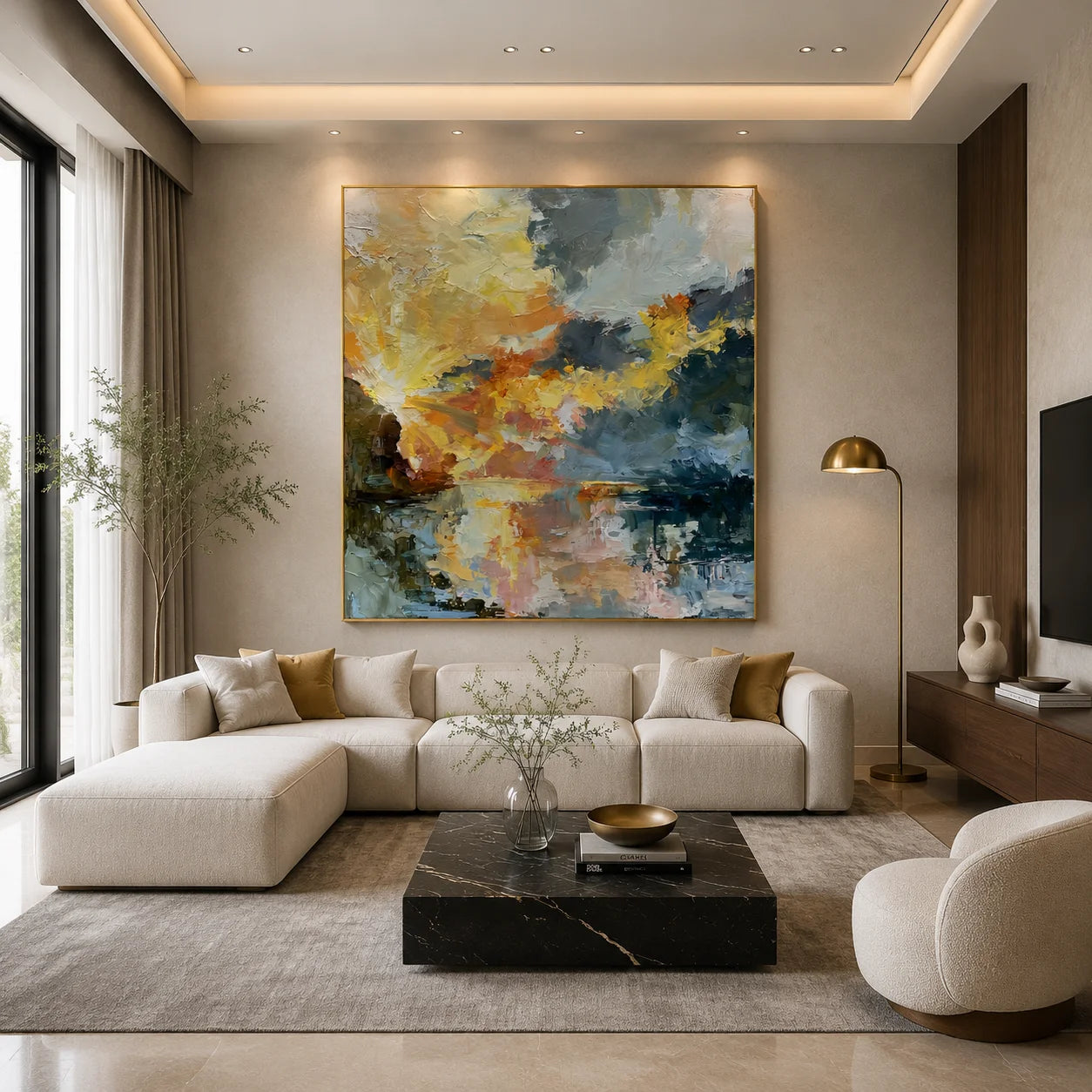 Ownanart Original Hand-Painted Abstract Sunset Lake Oil Painting, Impasto Sky and Reflective Waters Landscape Wall Art for Modern Living Room and Bedroom Decor # OA 1254