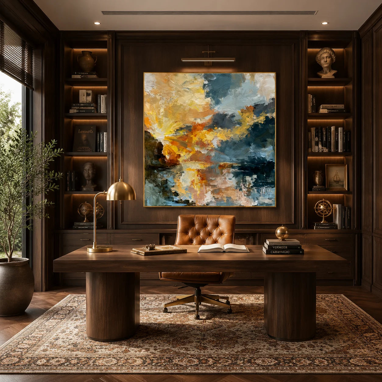 Ownanart Original Hand-Painted Abstract Sunset Lake Oil Painting, Impasto Sky and Reflective Waters Landscape Wall Art for Modern Living Room and Bedroom Decor # OA 1254