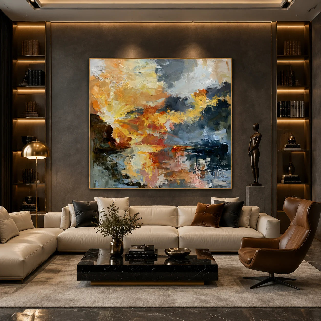 Ownanart Original Hand-Painted Abstract Sunset Lake Oil Painting, Impasto Sky and Reflective Waters Landscape Wall Art for Modern Living Room and Bedroom Decor # OA 1254