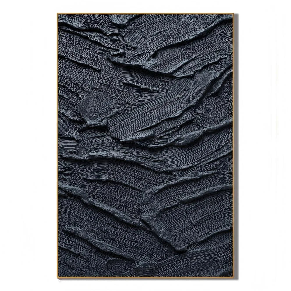 Ownanart Original Hand-Painted Black Geological Strata Textured Oil Painting, Vertical Monochrome Impasto Abstract Canvas Wall Art for Modern Living Room and Luxury Interior Decor # OA 1224