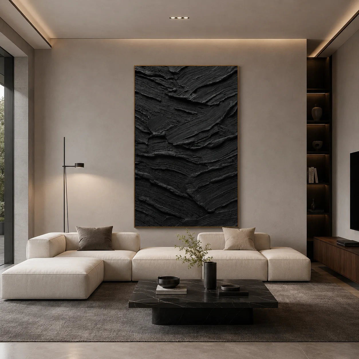 Ownanart Original Hand-Painted Black Geological Strata Textured Oil Painting, Vertical Monochrome Impasto Abstract Canvas Wall Art for Modern Living Room and Luxury Interior Decor # OA 1224