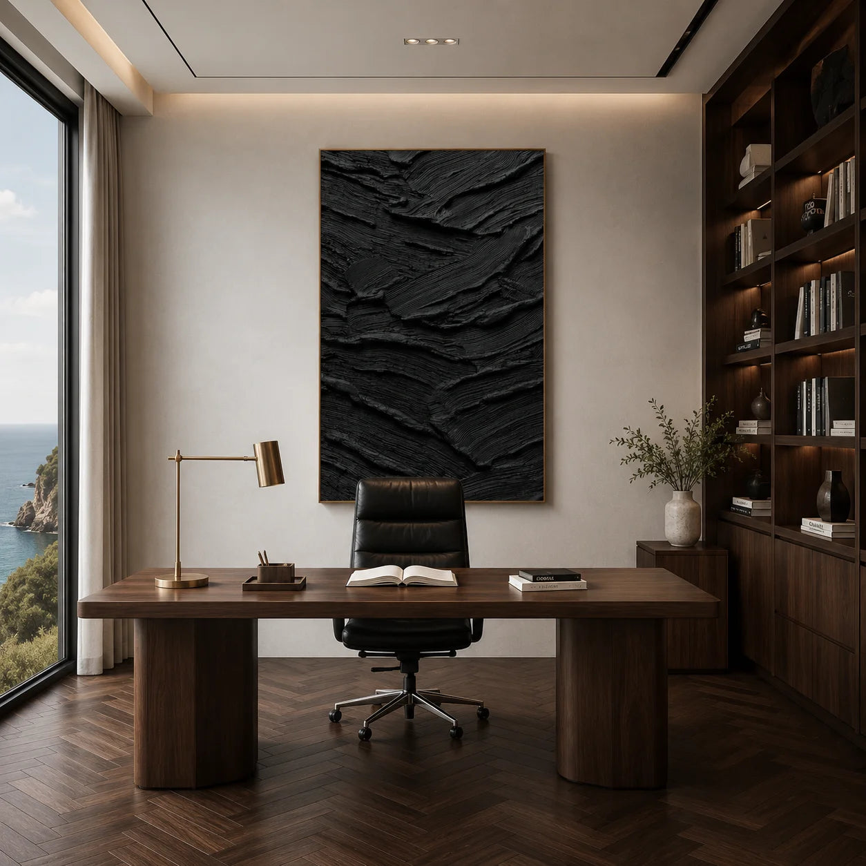 Ownanart Original Hand-Painted Black Geological Strata Textured Oil Painting, Vertical Monochrome Impasto Abstract Canvas Wall Art for Modern Living Room and Luxury Interior Decor # OA 1224