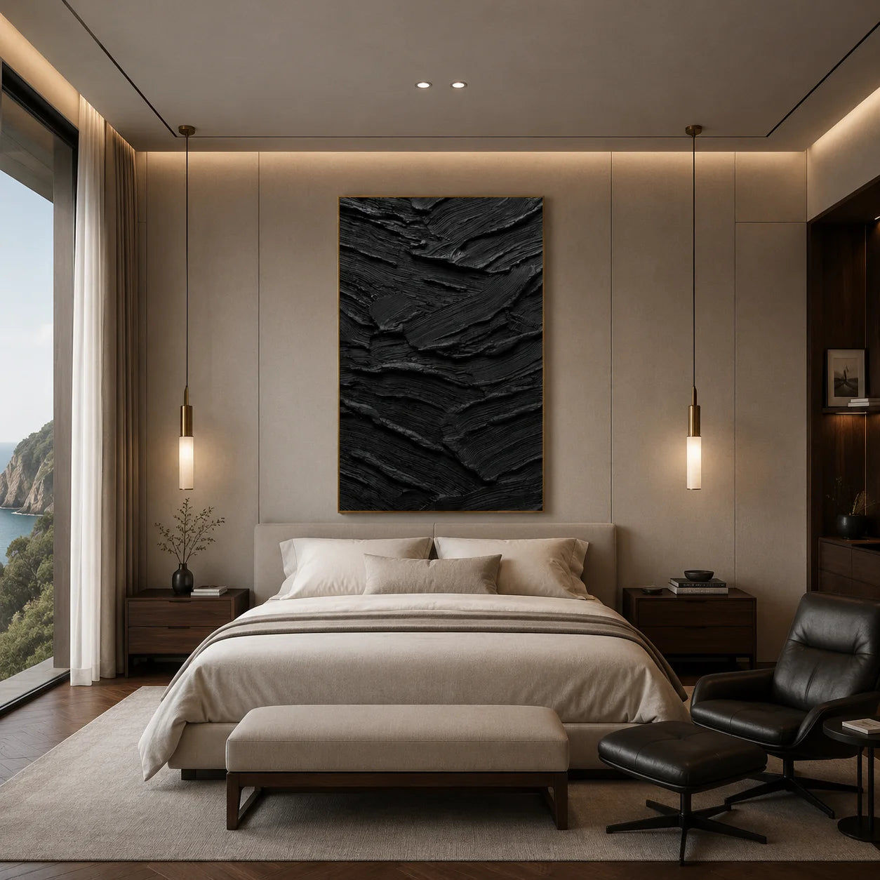 Ownanart Original Hand-Painted Black Geological Strata Textured Oil Painting, Vertical Monochrome Impasto Abstract Canvas Wall Art for Modern Living Room and Luxury Interior Decor # OA 1224