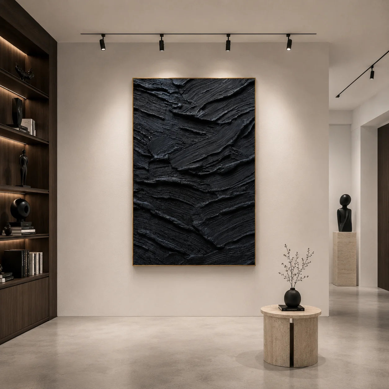Ownanart Original Hand-Painted Black Geological Strata Textured Oil Painting, Vertical Monochrome Impasto Abstract Canvas Wall Art for Modern Living Room and Luxury Interior Decor # OA 1224