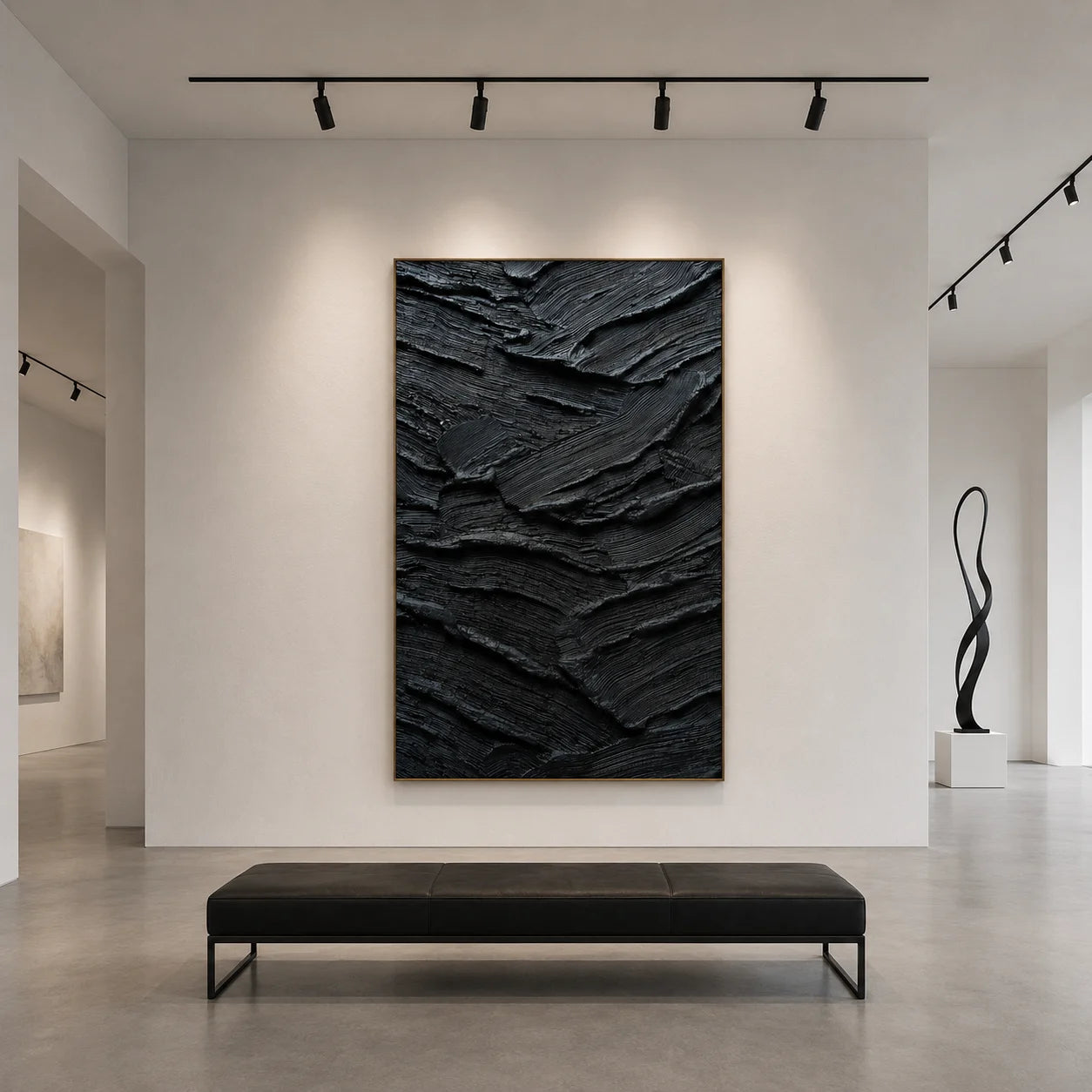 Ownanart Original Hand-Painted Black Geological Strata Textured Oil Painting, Vertical Monochrome Impasto Abstract Canvas Wall Art for Modern Living Room and Luxury Interior Decor # OA 1224