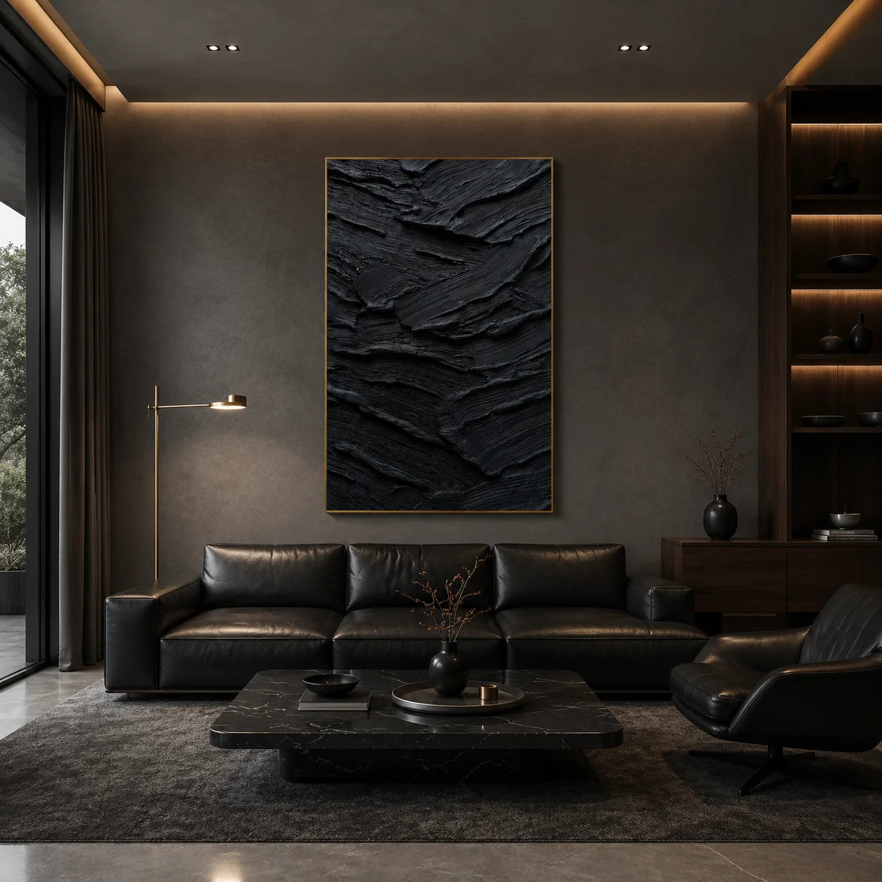 Ownanart Original Hand-Painted Black Geological Strata Textured Oil Painting, Vertical Monochrome Impasto Abstract Canvas Wall Art for Modern Living Room and Luxury Interior Decor # OA 1224