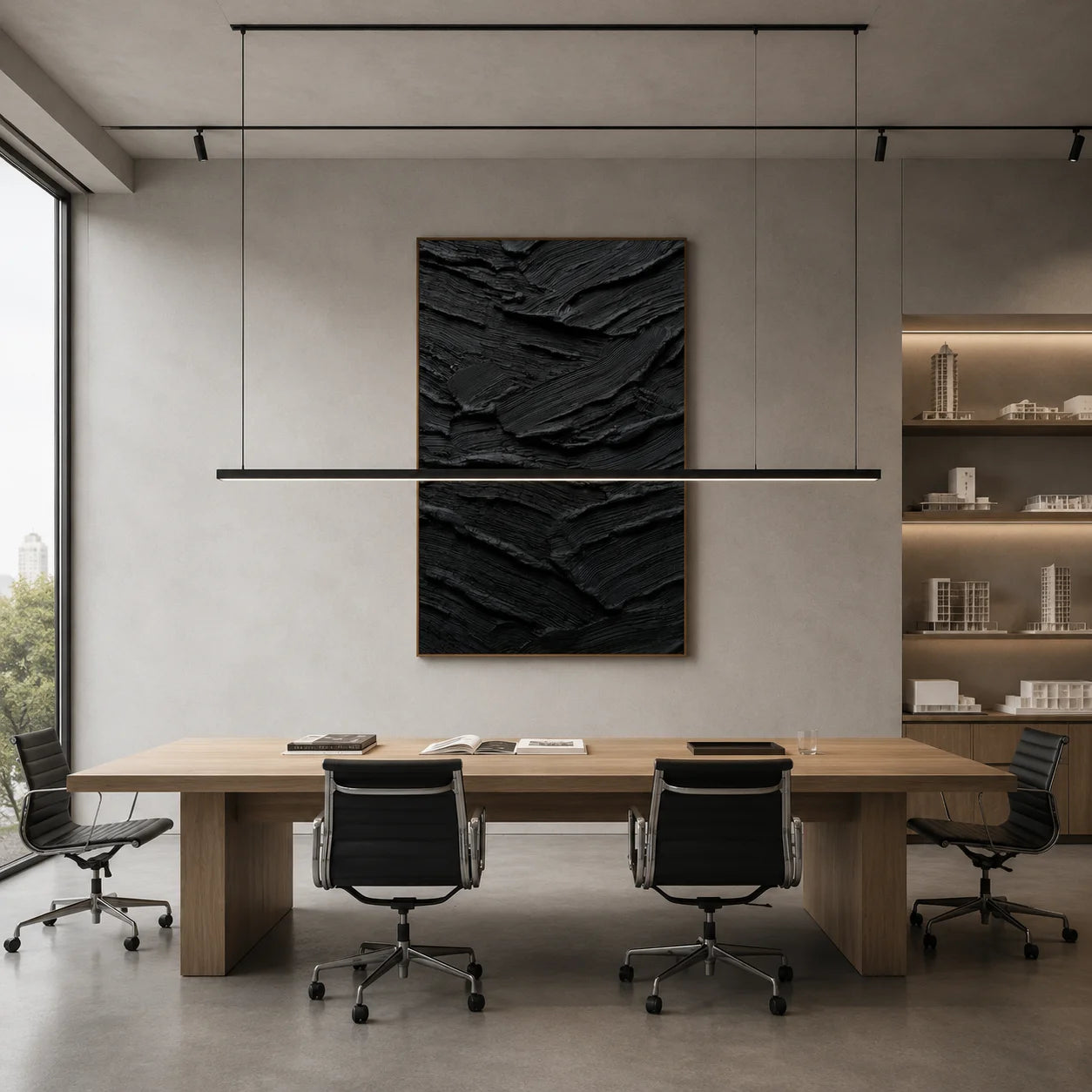 Ownanart Original Hand-Painted Black Geological Strata Textured Oil Painting, Vertical Monochrome Impasto Abstract Canvas Wall Art for Modern Living Room and Luxury Interior Decor # OA 1224