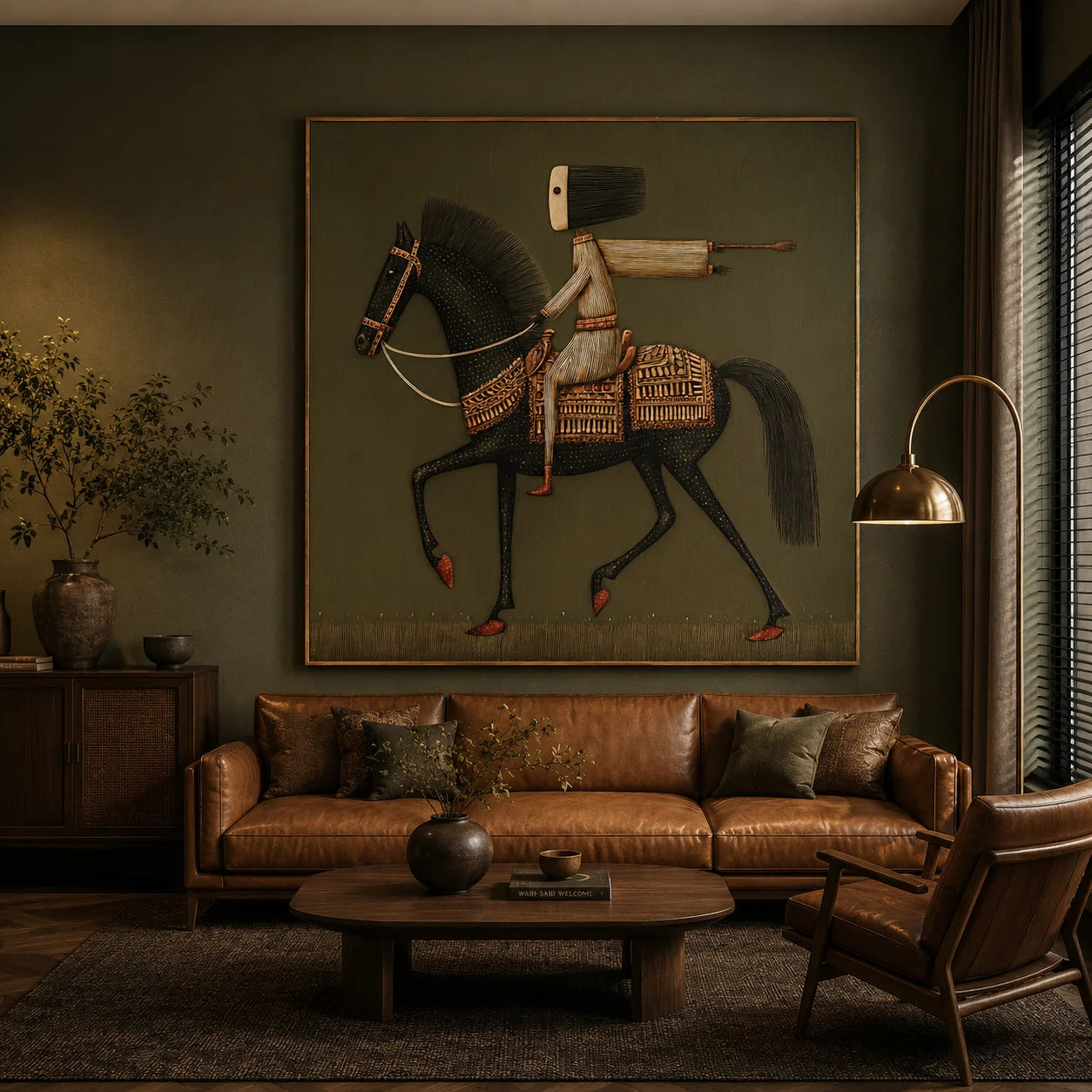 Ownanart Original Hand-Painted Black Horse and Rider Folk Art Oil Painting, Vintage Equestrian Wall Art with Olive Green Background for Living Room and Office Decor # OA 1265