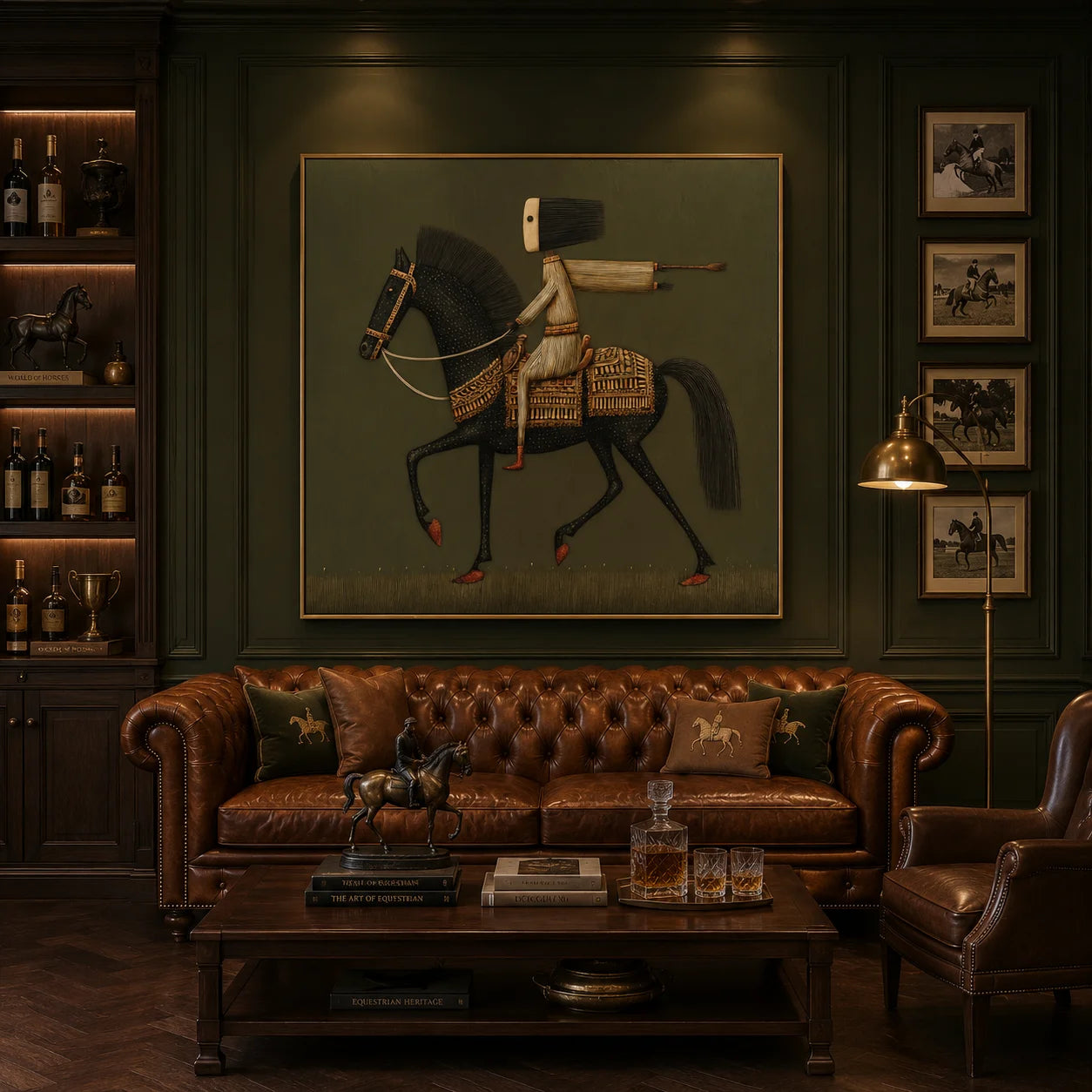Ownanart Original Hand-Painted Black Horse and Rider Folk Art Oil Painting, Vintage Equestrian Wall Art with Olive Green Background for Living Room and Office Decor # OA 1265