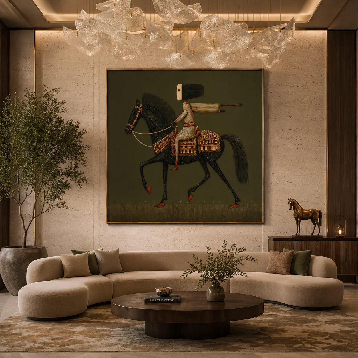 Ownanart Original Hand-Painted Black Horse and Rider Folk Art Oil Painting, Vintage Equestrian Wall Art with Olive Green Background for Living Room and Office Decor # OA 1265
