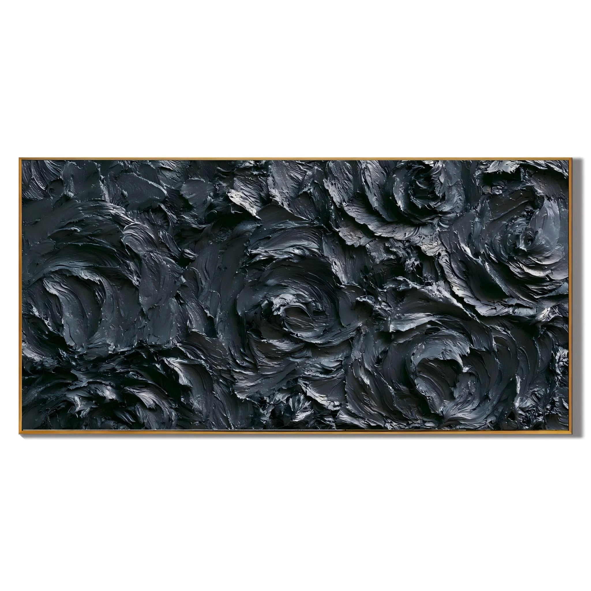 Ownanart Original Hand-Painted Black Rose Textured Oil Painting, Large Horizontal Monochrome Floral Impasto Canvas Wall Art for Modern Living Room, Bedroom and Luxury Interior Decor # OA 1232