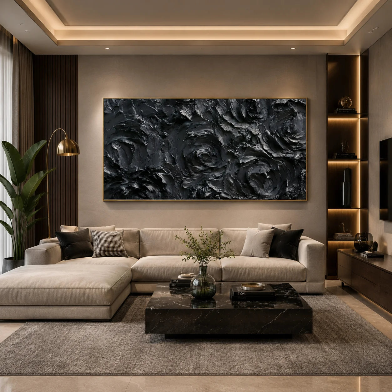 Ownanart Original Hand-Painted Black Rose Textured Oil Painting, Large Horizontal Monochrome Floral Impasto Canvas Wall Art for Modern Living Room, Bedroom and Luxury Interior Decor # OA 1232