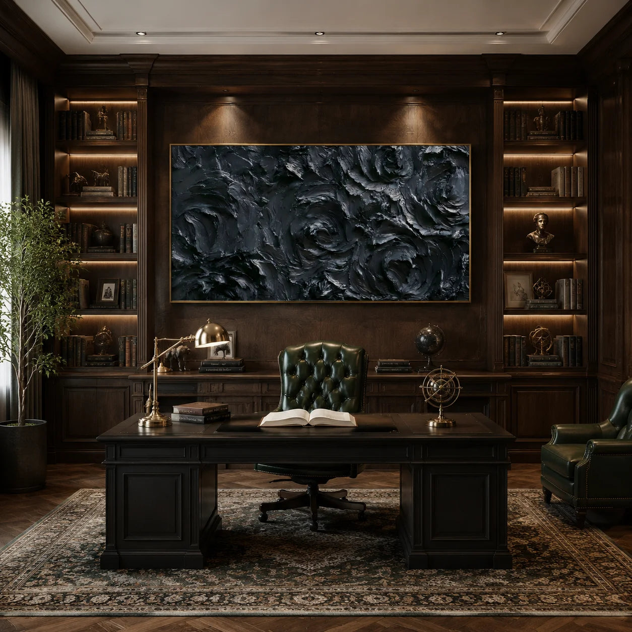 Ownanart Original Hand-Painted Black Rose Textured Oil Painting, Large Horizontal Monochrome Floral Impasto Canvas Wall Art for Modern Living Room, Bedroom and Luxury Interior Decor # OA 1232