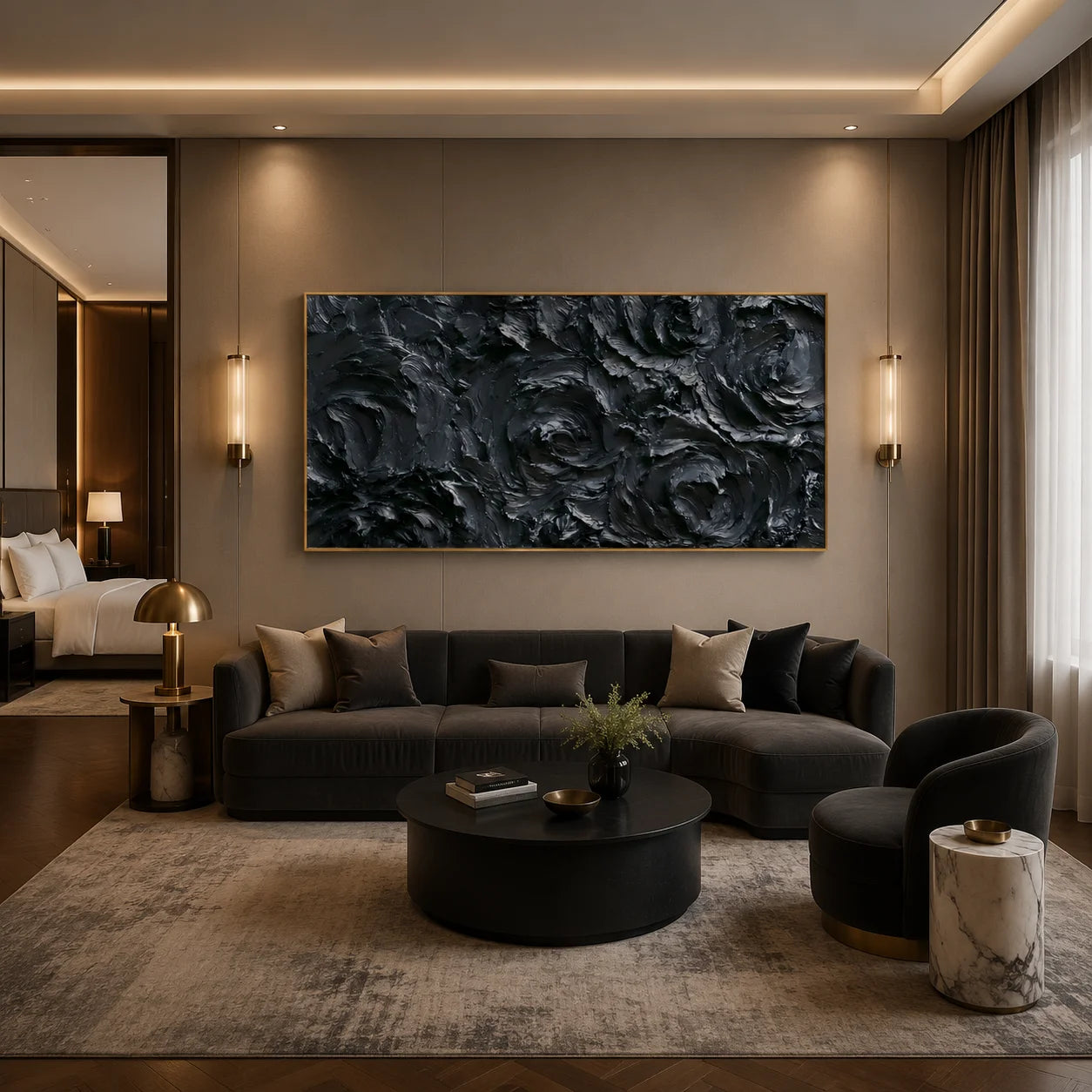 Ownanart Original Hand-Painted Black Rose Textured Oil Painting, Large Horizontal Monochrome Floral Impasto Canvas Wall Art for Modern Living Room, Bedroom and Luxury Interior Decor # OA 1232