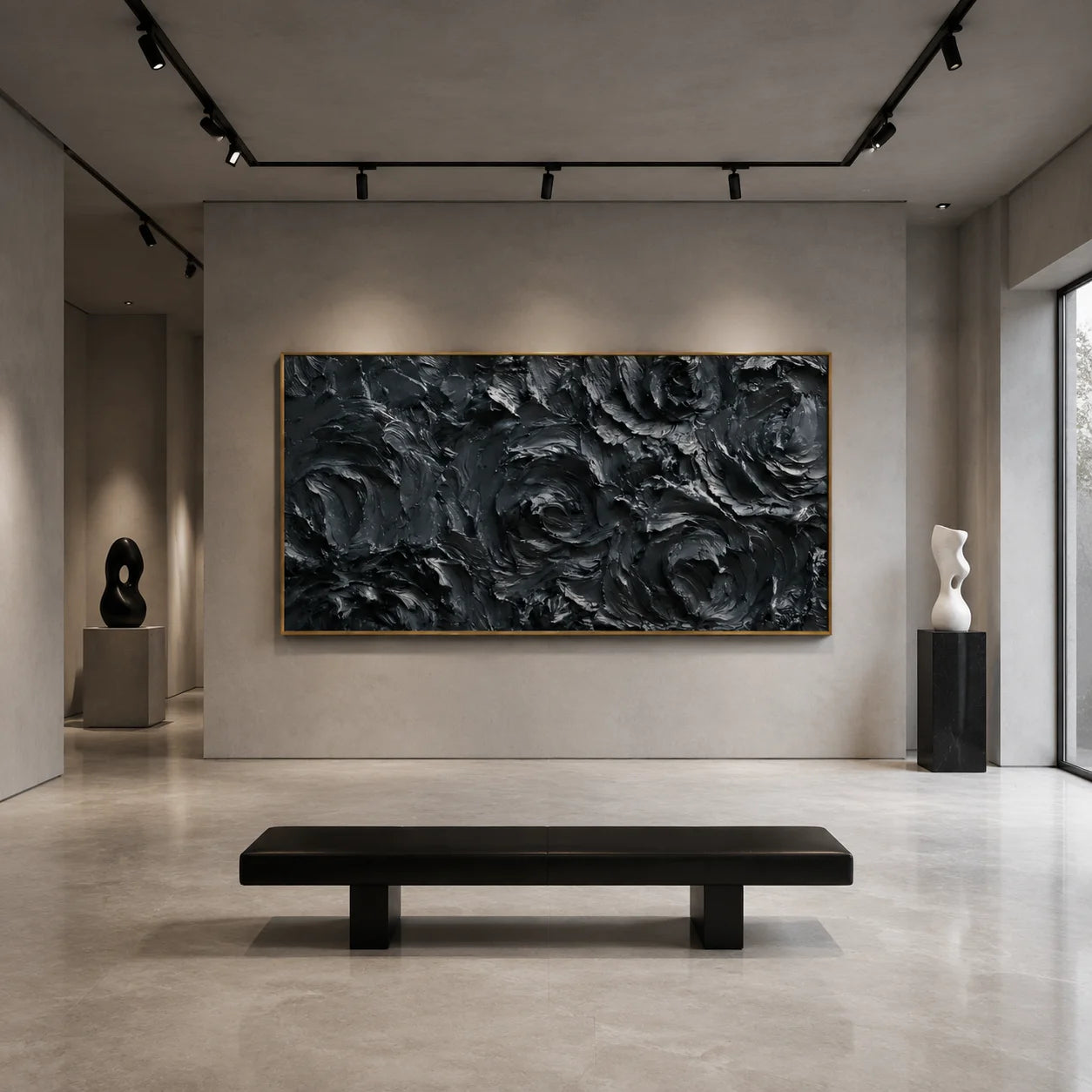 Ownanart Original Hand-Painted Black Rose Textured Oil Painting, Large Horizontal Monochrome Floral Impasto Canvas Wall Art for Modern Living Room, Bedroom and Luxury Interior Decor # OA 1232