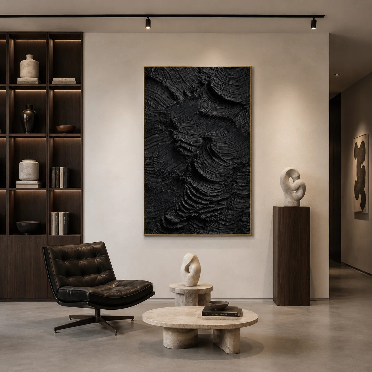 Ownanart Original Hand-Painted Black Textured Abstract Oil Painting, Vertical Monochrome Impasto Canvas Wall Art for Modern Living Room, Bedroom and Luxury Interior Decor # OA 1223
