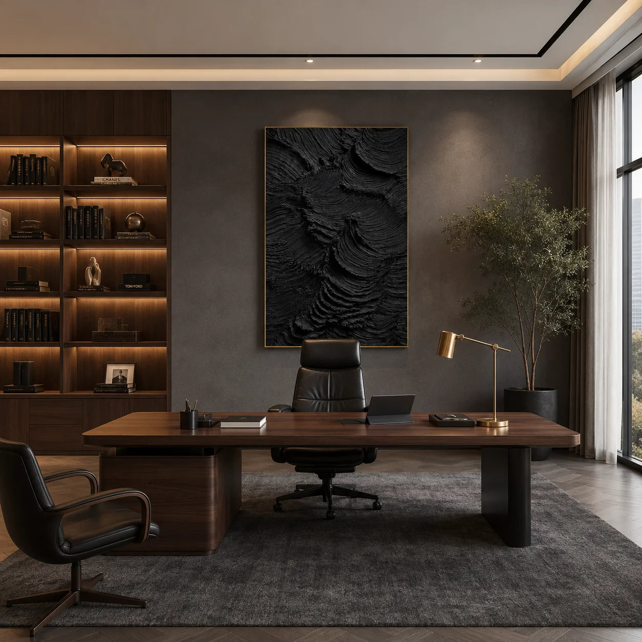 Ownanart Original Hand-Painted Black Textured Abstract Oil Painting, Vertical Monochrome Impasto Canvas Wall Art for Modern Living Room, Bedroom and Luxury Interior Decor # OA 1223