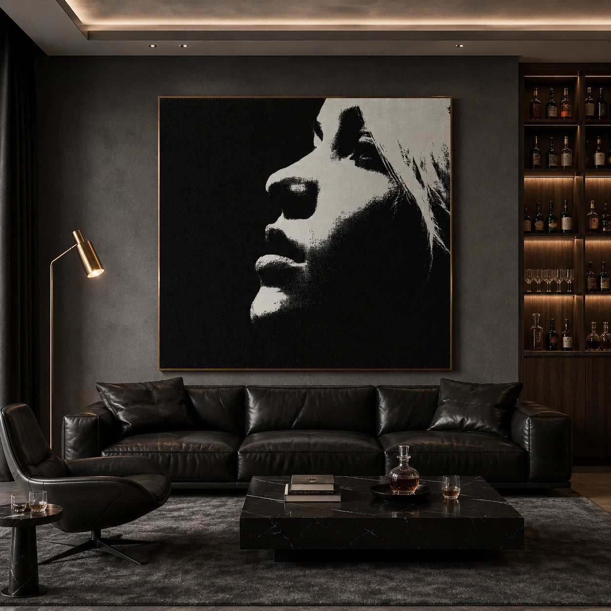 Ownanart Original Hand-Painted Black and White Minimalist Portrait Oil Painting, Modern Abstract Female Side Profile Wall Art for Living Room, Bedroom, and Office Decor # OA 1266