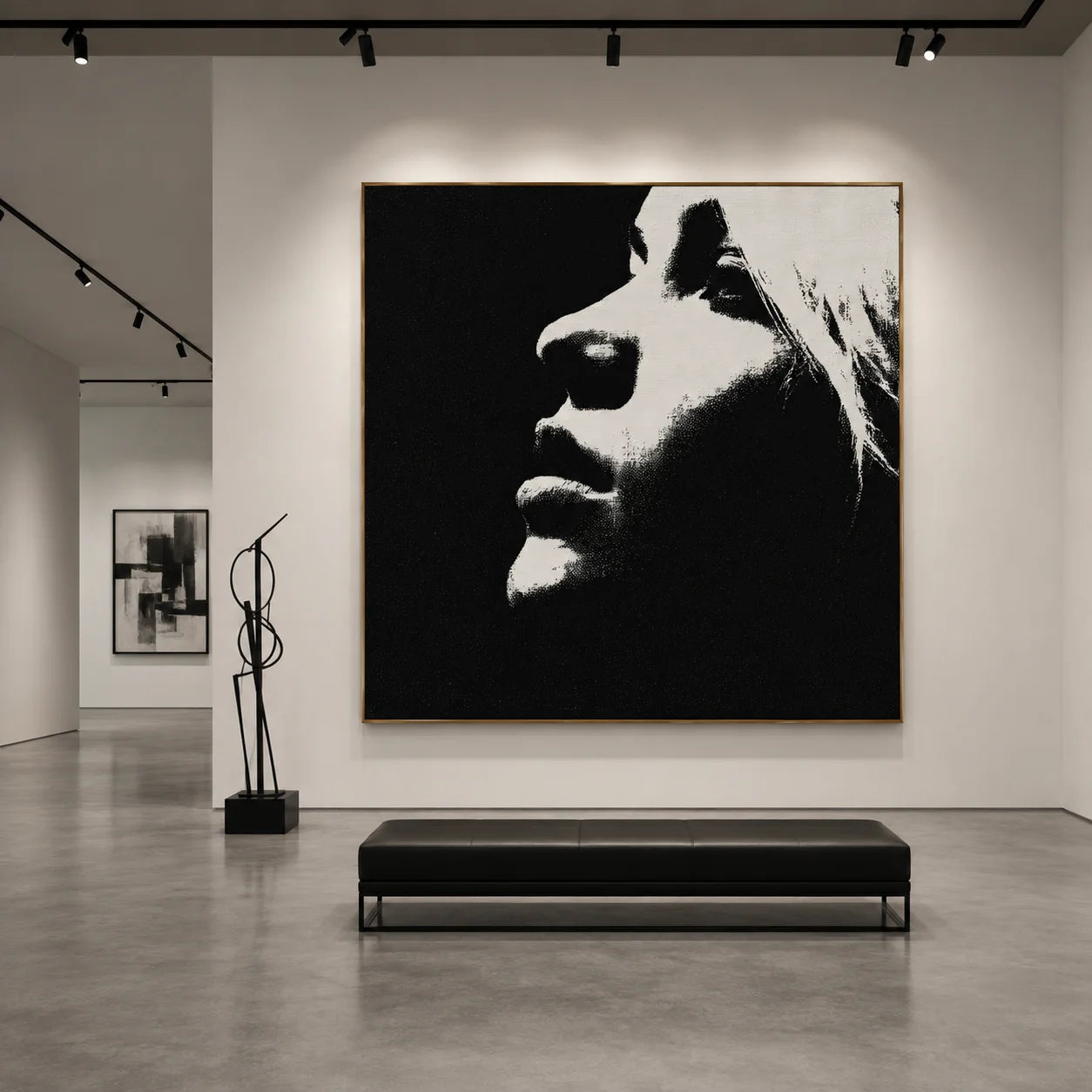 Ownanart Original Hand-Painted Black and White Minimalist Portrait Oil Painting, Modern Abstract Female Side Profile Wall Art for Living Room, Bedroom, and Office Decor # OA 1266