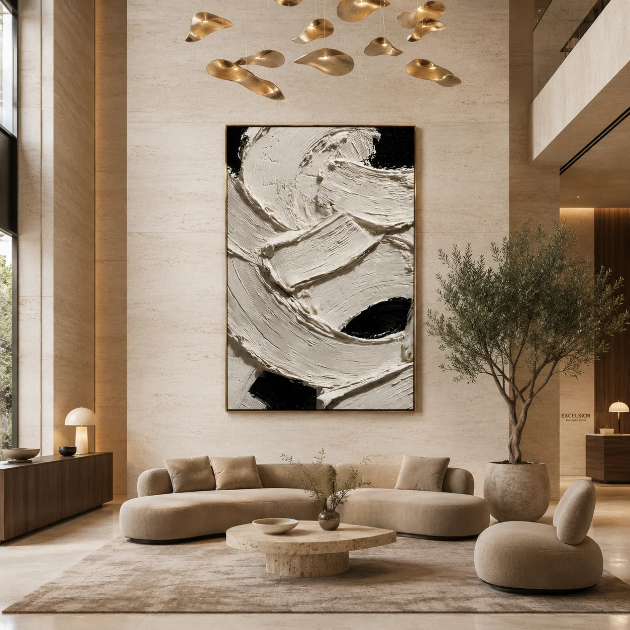 Ownanart Original Hand-Painted Black and White Textured Abstract Oil Painting, Vertical Minimalist Impasto Canvas Wall Art for Modern Living Room, Bedroom and Luxury Interior Decor # OA 1225